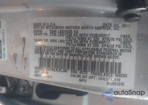 2011 Mitsubishi Endeavor from USA, damaged, VIN 4A4JN2ASXBE034219